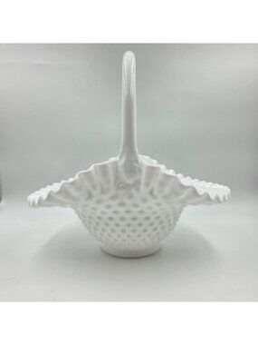 Fenton Hobnail Milk Glass Handled Basket #389/3830 White Vintage USA 9" x 10"